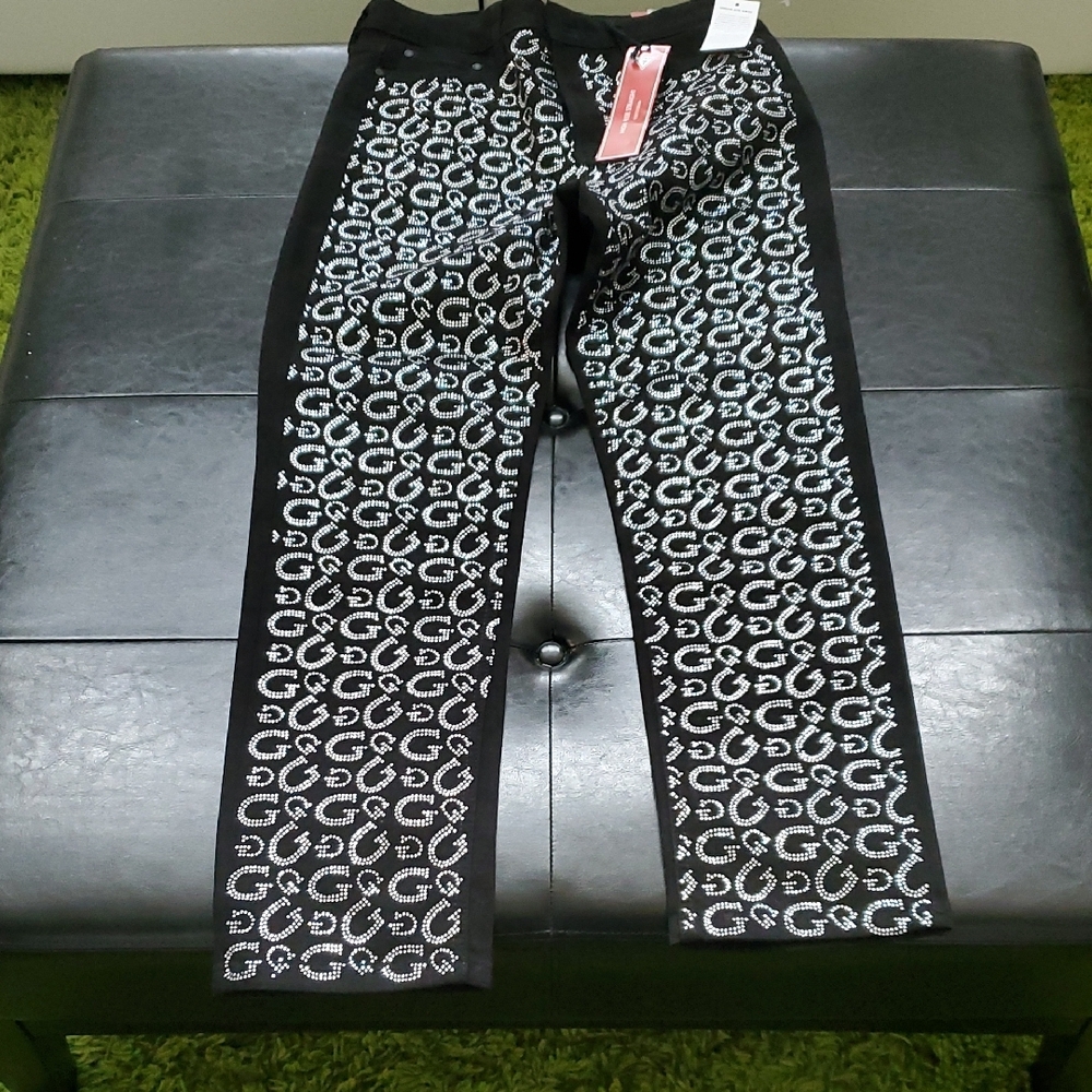 Guess Black Jeans with White Rinstones Embellishments,Size 29x28 NEW WITH TAGS